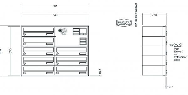RENZ Briefkastenanlage Unterputz, Schattenfugenrahmen, Kastenformat 370x110x270mm, mit Klingel - & Lichttaster und Vorbereitung Gegensprechanlage, 8-teilig,